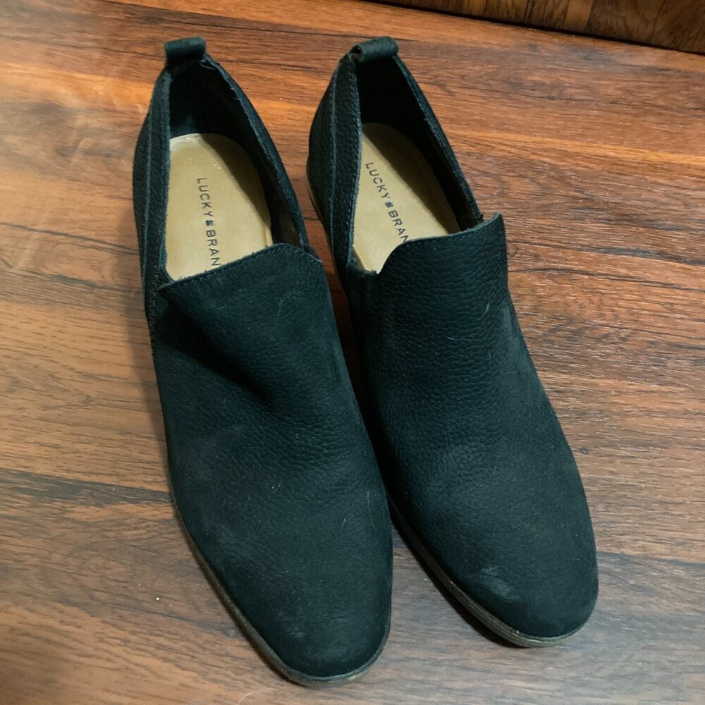 Lucky Brand Boots Womens 10M Faux Suede Slip On Black Ankle Boho Casual Fall 1"